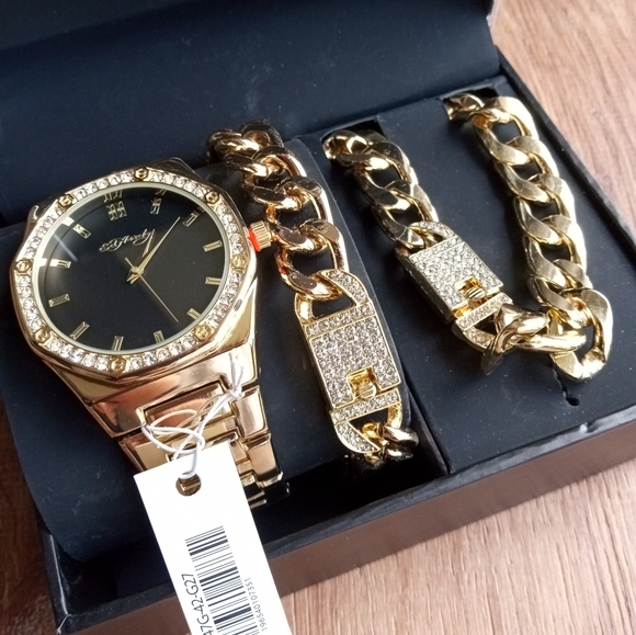 Ed Hardy Men's Gold Tone Metal Alloy Cuban Chain, Bracelet & Watch Gift Set - Picture 3 of 9